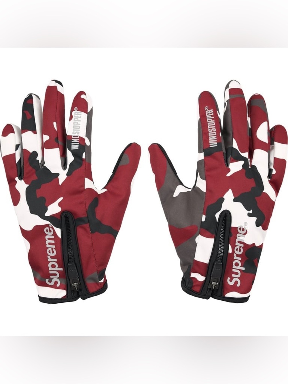 Supreme WINDSTOPPER Zip Gloves Red Camo Water Resistant Embossed Logo Size Large